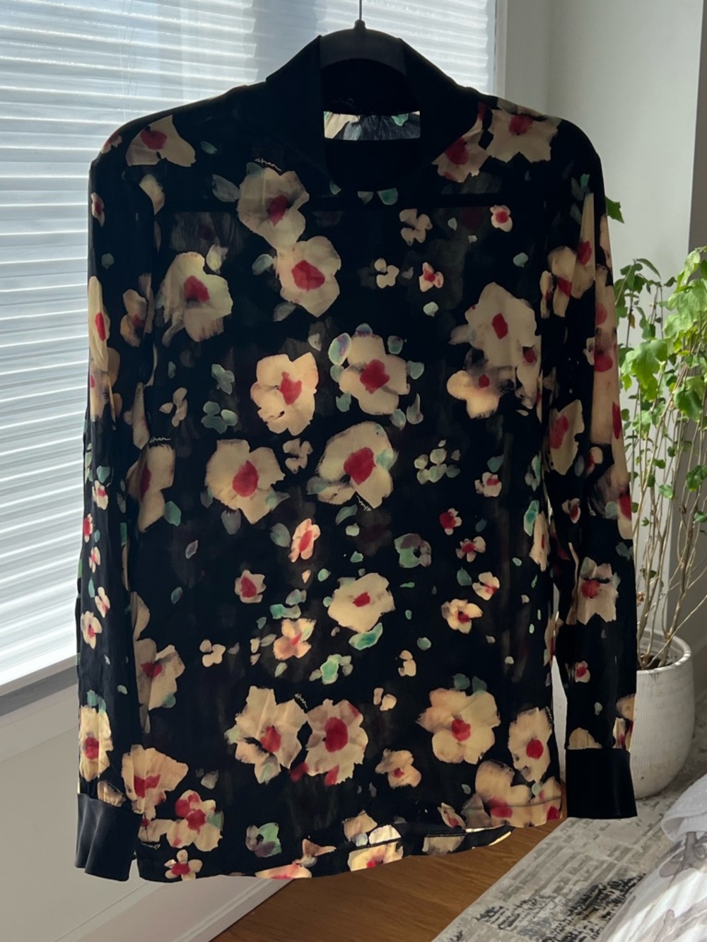 SHAN Black 100% silk Floral Blouse with Cream and Red Accents